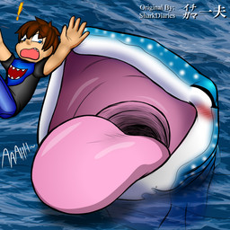 clothing duo exclamation_point extreme_size_difference eyelashes eyes_closed falling female feral gills imminent_vore kerchief male open_mouth shirt size_difference throat tongue tongue_out topwear vocalization vore water kazuo_ichigama sharkdiariesda disney finding_dory finding_nemo pixar destiny_(finding_dory) carpet_shark fish human mammal marine shark whale_shark 1:1