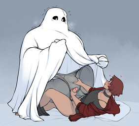 bedsheet_ghost blep blush bottomwear bottomwear_around_one_leg bottomwear_down brown_hair bulge clothed clothing clothing_around_one_leg clothing_lift duo erection eyewear genitals glasses grey_background hair hand_on_bulge heart_symbol humanoid_genitalia humanoid_penis invisible larger_humanoid larger_male lying male male/male male_on_bottom male_on_top masturbation on_back on_bottom on_top pants pants_around_one_leg penile penile_masturbation penis shaking simple_background size_difference smaller_human smaller_male tongue tongue_out iriedono ghost human humanoid mammal spirit 2021