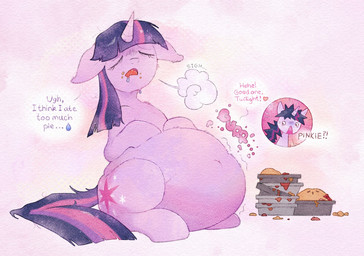 accidental_vore after_vore belly belly_expansion bloated crumbs_on_face dialogue expansion female feral fur fur_markings hair horn markings navel pie_(food) purple_body purple_fur purple_hair quadruped rumbling_stomach simple_background sitting solo surprised text vore conduitcore friendship_is_magic hasbro my_little_pony mythology twilight_sparkle_(mlp) equid equine horse mammal mythological_creature mythological_equine pony unicorn english_text hi_res