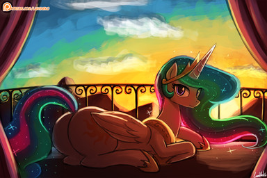butt cloud cutie_mark eyelashes feathered_wings feathers female feral hair horn long_hair looking_at_viewer lying multicolored_hair multicolored_tail on_front patreon_logo purple_eyes smile solo sunset tail text website_logo white_body white_feathers wings lumineko friendship_is_magic hasbro my_little_pony mythology patreon princess_celestia_(mlp) equid equine mammal mythological_creature mythological_equine winged_unicorn 2016 3:2 url