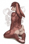 anatomically_inaccurate anatomically_inaccurate_pawpads anthro anus backsack balls biped brown_body brown_eyes brown_fur brown_hair brown_nose butt claws feet femboy floppy_ears fur genitals hair hindpaw kneeling long_ears long_hair looking_at_viewer looking_back male markings nude pawpads paws rear_view seductive simple_background smile solo truegrave9 kyari lagomorph leporid mammal rabbit 2012