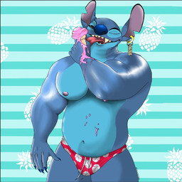 5_fingers anthro anthrofied areola biped black_eyes blue_claws blue_nose claws clothing dessert ear_piercing ear_ring fingers food fruit humanoid_hands ice_cream ice_cream_cone licking looking_at_viewer male messy musclegut muscular navel nipples notched_ear one_eye_closed open_mouth open_smile pattern_background piercing pineapple pink_nipples plant ring_piercing simple_background slightly_chubby smile solo speedo standing striped_background swimwear tiki tongue tongue_out wink hulkingbull disney lilo_and_stitch stitch_(lilo_and_stitch) alien experiment_(lilo_and_stitch) 2021