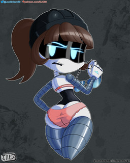armor blue_eyes brown_hair butt clothing eyewear female fingers glasses hair hat headgear headwear helmet looking_at_viewer looking_back machine not_furry open_mouth ponytail screen_eyes simple_background solo text underwear unnamed_detective_drone white_body jackintaro glitch_productions murder_drones unnamed_character android humanoid robot robot_humanoid worker_drone 4:5 absurd_res digital_media_(artwork) hi_res url