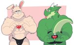 anthro black_bottomwear black_clothing bottomwear bulge butt clothed clothing duo front_view fur green_body heart_symbol looking_at_viewer looking_back looking_back_at_viewer male muscular muscular_anthro muscular_male pecs rear_view speedo swimwear topless underwear white_body white_fur hikazedragon mythology undertale_(series) rg01_(undertale) rg02_(undertale) dragon lagomorph leporid mammal mythological_creature mythological_scalie rabbit scalie hi_res