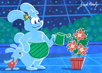 anthro apron blue_body blue_fur closed_smile clothing duo eyelashes female flower_on_head fur green_apron green_clothing holding_object holding_watering_can male mouth_closed overalls overweight overweight_anthro overweight_female plant poinsettia rabbit_ears red_clothing red_overalls scut_tail shadow short_tail smile tail text watering watering_can watering_plants jackchickengravy lagomorph leporid mammal rabbit 2025 artist_name digital_drawing_(artwork) digital_media_(artwork) signature