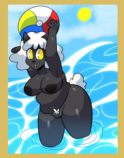 anthro areola ball beach_ball belly big_breasts black_body black_skin border breasts cloud curvy_figure female fingers fluffy fluffy_tail fur genitals hair hands_above_head holding_ball holding_object horn inflatable navel nipples nude open_mouth outside pool_toy seaside sheep_ears shortstack simple_background sky slightly_chubby slightly_chubby_female solo standing summer sun tail tail_tuft thick_thighs tuft voluptuous vulva water wave wet white_body white_fur white_hair white_wool wide_hips wool_(fur) wool_hair yellow_border yellow_eyes jammedvhs mable_(nyta) bovid caprine mammal sheep cel_shading digital_media_(artwork) shaded