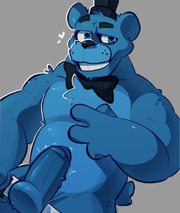 4_fingers anthro balls black_necktie black_top_hat blue_balls blue_body blue_fur blue_glans blue_penis bodily_fluids erection eyebrows fingers fur genital_fluids genitals glans grey_background grin holding_knife holding_object humanoid_genitalia humanoid_penis knife looking_at_viewer male necktie overweight overweight_anthro overweight_male penis precum raised_eyebrow simple_background smile solo throbbing throbbing_penis clickclash five_nights_at_freddy's scottgames bear5 fan_character bear mammal absurd_res hi_res