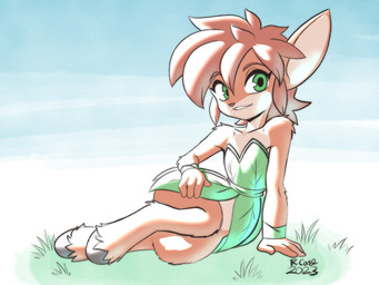 4_fingers anthro biped brown_body brown_fur clothed clothing dress female fingers fur grass green_eyes hair hooves leaf_clothing leaf_dress looking_at_viewer plant red_hair smile solo year rongs1234 activision spyro_reignited_trilogy spyro_the_dragon elora faun_(spyro) mammal 2023 4:3 full-length_portrait hi_res portrait signature