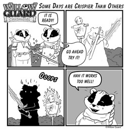 anthro biped bodily_fluids clothed clothing dialogue dot_eyes duo eyes_closed magic melee_weapon open_mouth simple_eyes standing sweat sword text weapon unknown_artist willow_guard ghweros badger mammal mustelid musteline 1:1 2025 comic english_text monochrome