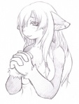 accessory anthro blush breasts chest_tuft clasped_hands clothed clothing female hair hair_accessory inner_ear_fluff long_hair looking_at_viewer one_eye_obstructed one_eye_visible simple_background smile smiling_at_viewer solo topless tuft white_background white_hair kurube felid mammal monochrome sketch