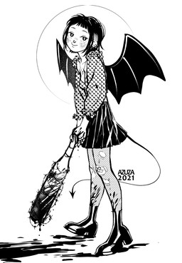 baseball_bat bat_(object) blood bodily_fluids bottomwear closed_smile clothed clothing ear_piercing ear_ring ear_stud facial_piercing female looking_at_viewer membrane_(anatomy) membranous_wings mouth_closed nose_piercing nose_ring not_furry piercing ring_piercing septum_piercing septum_ring sidecut simple_background skirt smile solo spade_tail standing tail text topwear wings azuza humanoid 2021 artist_name dated full-length_portrait monochrome portrait