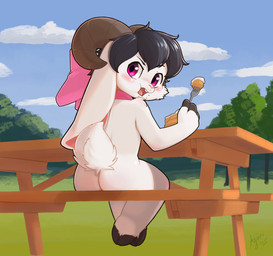 anthro black_hair blue_sky butt cake cheek_tuft cloud dessert eating facial_tuft femboy food fur fur_tuft furniture grass hair holding_fork hooves horn outside plant sitting sky table tail teeth tuft white_body white_fur white_tail young young_anthro ajin bovid caprine goat mammal hi_res