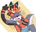 anthro biped claws countershade_fur countershade_torso countershading duo fur male open_mouth restrained smile tail young young_anthro oob nintendo pokemon felid feline generation_7_pokemon mammal pokemon_(species) torracat hi_res