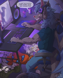 anthro anthro_on_anthro anthro_penetrated anthro_penetrating anthro_penetrating_anthro balls bodily_fluids butt clothed clothed_sex clothing computer duo electronics eye_scar facial_scar fellatio fur gaming gaming_while_penetrating genital_fluids genitals hair headgear headphones headset keyboard kneeling male male/male male_penetrated male_penetrating male_penetrating_male masturbation membrane_(anatomy) membranous_wings oral oral_penetration penetration penile penis penis_in_mouth precum scar sex sex_while_gaming sitting speaker stealth_sex sweat tongue tongue_out under_table wings conditional_dnp xnirox bat felid mammal pantherine tiger hi_res