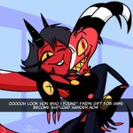 anthro black_hair breasts clothed clothing cuckold detailed_background duo female hair horn male male/female open_mouth open_smile red_body red_eyes smile teeth text thick_thighs yellow_sclera kojot helluva_boss snapchat blitzo_(helluva_boss) millie_(helluva_boss) demon demon_humanoid humanoid imp 1:1 2023 english_text hi_res