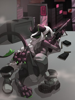 ambiguous_gender anthro bodysuit boots boots_removed braided_hair city cityscape clothing feet foot_fetish foot_focus footwear gun hair horn looking_at_viewer looking_back pawpads paws ranged_weapon rifle shoes skinsuit sniper_rifle solo tail tight_clothing weapon chalk_outline mythology dragon mythological_creature mythological_scalie scalie 3:4 absurd_res hi_res