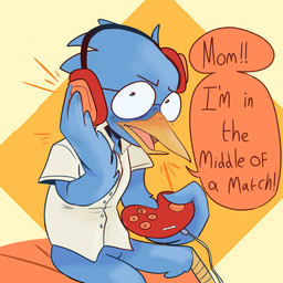 anthro beak blue_body blue_feathers blush clothing controller dialogue electronics embarrassed eyewear feathers gaming glasses headgear headphones headset holding_controller holding_object looking_away male offscreen_character open_beak open_mouth playing_video_game shirt simple_background sitting solo speech_bubble talking_to_another text tongue topwear wings yellow_beak chubledoodles deltarune undertale_(series) berdly avian bird 1:1 english_text hi_res