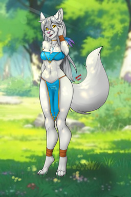 4_toes 5_fingers ankle_wraps anthro bandeau blue_clothing blurred_background bottomwear breasts chest_tuft choker claws clothed clothed_anthro clothed_female clothing digitigrade feet female fingers fur grey_hair grey_nose hair hindpaw humanoid_hands inner_ear_fluff jewelry legs_together loincloth looking_at_viewer midriff navel necklace nervous nervous_smile outside paws pelvic_curtain pendant plant skimpy slim smile smiling_at_viewer solo standing tail toe_claws toes topwear tree tribal tube_top tuft white_body white_fur wraps wrist_wraps yellow_eyes fyrephase twokinds raine_silverlock canid canine canis keidran mammal wolf 2025 hi_res signature