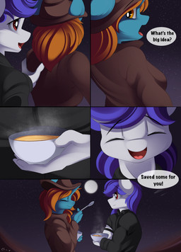 alternate_universe clothed clothing eating food horn night sand stew text wasteland conrie fallout fallout_equestria friendship_is_magic hasbro microsoft my_little_pony mythology fan_character earth_pony equid equine horse mammal mythological_creature mythological_equine pony unicorn absurd_res comic crossover hi_res