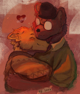 4_fingers abstract_background anthro bangs black_clothing black_hat black_headwear blush blush_lines brown_body brown_fur canon_couple clothing collared_shirt duo ears_down eyewear facial_tuft fingers fur glasses green_clothing green_sweater green_topwear happy hat headgear headwear heart_symbol hug hugging_another inner_ear_fluff male male/male male_anthro obscured_eyes orange_clothing orange_sweater orange_topwear pivoted_ears pose rolled_up_sleeves romantic romantic_couple round_glasses shirt smile snout sweater text topwear tuft wearing_glasses yellow_body yellow_fur artefelis night_in_the_woods angus_delaney gregg_lee bear canid canine fox mammal 2025 artist_name bust_portrait colored digital_drawing_(artwork) digital_media_(artwork) english_text hi_res portrait shaded signature