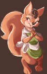 anthro apron brown_background brown_body brown_fur buckteeth cheek_tuft clothed clothing facial_tuft fluffy fluffy_tail fur open_mouth open_smile simple_background smile solo tail teeth tuft whiskers conditional_dnp tohupo surisu_(tohupo) mammal rodent sciurid tree_squirrel 2021 hi_res