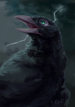 ambiguous_gender beak black_body black_feathers electricity feathers feral green_eyes grey_beak lightning open_mouth raining simple_background solo wings conditional_dnp tgt1512 avian bird corvid corvus_(genus) oscine passerine raven digital_media_(artwork) hi_res portrait