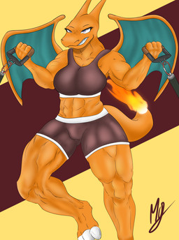 anthro athletic_wear bottomwear bra breasts clothing exercise female fire flaming_tail gym_bottomwear gym_shorts muscular muscular_anthro muscular_female orange_body orange_scales scales shorts simple_background solo sports_bra tail underwear wings workout frostyphox mythology nintendo pokemon charizard dragon generation_1_pokemon lizard mythological_creature mythological_scalie pokemon_(species) reptile scalie absurd_res hi_res shaded simple_shading