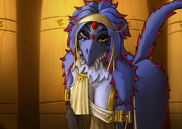 anthro beak bedroom_eyes big_breasts black_arms breasts clothing colored_tips countershading egyptian feathers female hanging_breasts kneeling narrowed_eyes non-mammal_breasts purple_body purple_feathers red_body red_feathers seductive solo tail the-barn-owl-art avian digital_drawing_(artwork) digital_media_(artwork) hi_res shaded soft_shading