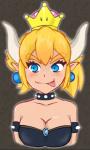 alternate_species armband blonde_hair blue_eyes breasts cleavage clothed clothing collar crossgender crown ear_piercing eyebrow_through_hair eyebrows eyelashes female hair headgear horn jewelry mtf_crossgender not_furry piercing ponytail smile solo spiked_armband spiked_collar spikes super_crown tongue tongue_out translucent translucent_hair jenokamui bowsette_meme mario_bros nintendo bowser horned_humanoid humanoid hi_res meme