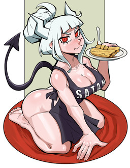 5_toes apron apron_only barefoot big_breasts big_butt breasts butt cleavage clothed clothing cutlery feet female food fork hair hair_bun horn kitchen_utensils kneeling looking_at_viewer markings mole_(marking) mostly_nude not_furry pancake red_eyes simple_background soles solo spade_tail tail text text_on_apron text_on_clothing toes tools white_hair ceehaz helltaker lucifer_(helltaker) demon demon_humanoid humanoid mammal absurd_res hi_res