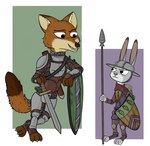 anthro armor duo female headgear helmet male melee_weapon polearm shield simple_background spear sword weapon anothercolouranon disney zootopia judy_hopps nick_wilde canid canine fox lagomorph leporid mammal rabbit red_fox true_fox