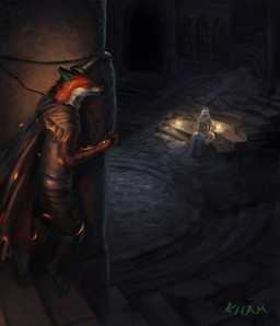 anthro being_watched black_nose candlelight clothed clothing digitigrade dim_lighting dipstick_tail duo fur green_inner_ear green_tail_tip light looking_at_another male markings red_body red_fur sitting stairs stealth tail tail_markings white_body white_fur khamdoggo dark_souls fromsoftware victor_johansen canid canine fox mammal 2022 hi_res signature