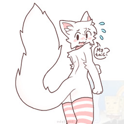 anthro big_tail black_eyes black_nose black_text blush bodily_fluids butt clothing collar femboy fluffy fluffy_tail flying_sweatdrops footwear fur inner_ear_fluff legwear long_tail looking_at_viewer male male_anthro nervous nervous_smile open_mouth paws pink_blush pink_clothing pink_collar pink_footwear pink_inner_ear pink_legwear pink_socks pink_stripes pink_thigh_highs pink_thigh_socks question_mark simple_background socks solo stripes sweat sweatdrop tail text thigh_highs thigh_socks tuft when_you_see_it white_background white_body white_clothing white_footwear white_fur white_legwear white_socks white_stripes white_tail white_thigh_highs white_thigh_socks oderox nickelodeon spongebob_squarepants silly_cat_(mauzymice) spongebob_squarepants_(character) domestic_cat felid feline felis mammal 1:1 2026 english_text