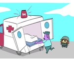 :> ambulance big_breasts breasts brown_hair chibi clothing cloud day female group hair hat headgear headwear humanoid_pointy_ears male not_furry pointy_ears purple_body purple_skin short_hair sky standing trio wheel 20pesos_sopa lei_(20pesos_sopa) goblin humanoid hi_res