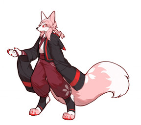 anthro black_clothing black_nose black_topwear bottomwear claws clothed clothing female fur hair mouth_closed pants pink_body pink_fur pink_hair pink_tail red_bottomwear red_claws red_clothing red_eyes red_pants simple_background solo standing tail three-quarter_view topwear unsigned white_background white_body white_clothing white_fur white_tail white_topwear asnnonaka kitsugawa_sakura canid canine fox mammal full-length_portrait portrait nonbinary_(lore)