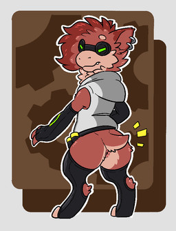 anthro anus anus_only armwear biped black_armwear black_clothing black_elbow_gloves black_gloves black_handwear black_legwear black_thigh_highs brown_body brown_fur butt clothing digitigrade ear_piercing ear_ring elbow_gloves eyewear female fur gloves goggles handwear hood hoodie_vest legwear multicolored_body multicolored_fur paws piercing pink_anus ring_piercing solo tan_body tan_fur thigh_highs topwear vest halbean grey_havens spiral_knights remii_(halbean) gremlin_(spiral_knights) mammal 2026 digital_media_(artwork)