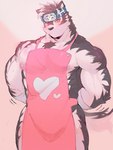 accessory anthro apron apron_only barazoku biceps blush clothing fur grey_body grey_fur headband male mostly_nude multicolored_body multicolored_fur muscular muscular_anthro muscular_male pecs solo two_tone_body two_tone_fur yellow_eyes kd_gai lifewonders tokyo_afterschool_summoners horkeu_kamui_(tas) canid canine canis mammal wolf 3:4 hi_res