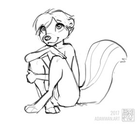 adolescent anthro bangs biped casual_nudity digitigrade female female_anthro fluffy fluffy_tail genitals hair logo looking_aside looking_up nude nude_anthro nude_female pose short_hair sitting slim smile solo tail text three-quarter_view vulva young young_anthro young_female zaush mammal mephitid skunk artist_logo artist_name black_and_white digital_drawing_(artwork) digital_media_(artwork) english_text full-length_portrait hi_res monochrome portrait sketch