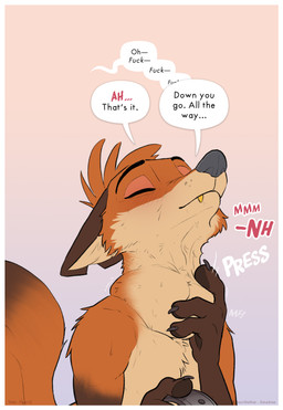 anthro blush border brown_body brown_fur cuckold dialogue eyebrows fingers fur male male_pred motion_lines multicolored_body multicolored_fur offscreen_character onomatopoeia orange_body orange_fur profanity soft_vore solo sound_effects swallowing tan_body tan_fur text vore white_border amadose disney zootopia fan_character rabbitseason_(amadose) canid canine fox mammal red_fox true_fox absurd_res artist_name english_text hi_res