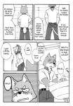 anthro black_and_white canid canine canis chest_tuft clothing comic cotton_(artist) dialogue domestic_dog duo english_text felid fukuzawa fur lion male mammal monochrome natsume_(tooboe_bookmark) pantherine text tooboe_bookmark tuft