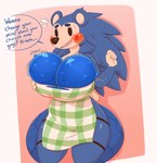 anthro apron balloon big_breasts blue_body blue_fur blush breasts clothing dialogue emanata fake_breasts fake_hips female fur huge_breasts humor inflatable solo text torn_clothing water_balloon cracker_(artist) animal_crossing nintendo mabel_able eulipotyphlan hedgehog mammal english_text hi_res