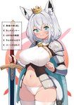 armor big_breasts blue_eyes blush blush_lines braided_hair breasts clothing crown female hair headgear knight melee_weapon navel panties short_hair side_boob smile smiling_at_viewer solo sword text thick_thighs unconvincing_armor underwear warrior weapon white_hair wide_hips zazami_d hololive vtuber shirakami_fubuki animal_humanoid canid canid_humanoid canine canine_humanoid fox_humanoid humanoid mammal mammal_humanoid absurd_res hi_res japanese_text translation_request