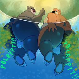 aged_up anthro anus balls belly big_anus big_butt bodily_fluids brown_body brown_fur bubble butt claws duo fart fart_bubbles fart_fetish fur genitals grey_body grey_fur hand_on_butt head_tuft looking_back low-angle_view male moobs nude overweight overweight_anthro overweight_male puffy_anus sweat swimming tail toe_claws tuft underwater_view water columbusnimbus disney ducktales ducktales_(2017) talespin the_jungle_book baloo kit_cloudkicker bear brown_bear mammal sloth_bear ursine 1:1 absurd_res digital_media_(artwork) hi_res