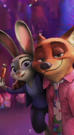 anthro bottomwear buckteeth clothed clothing duo female fur grey_body grey_fur half-closed_eyes holding_object holding_pen holding_writing_utensil hug male narrowed_eyes necktie on_model pants pen selfie shirt smile teeth topwear writing_utensil askalin disney zootopia judy_hopps nick_wilde canid canine european_rabbit fox lagomorph leporid mammal oryctolagus rabbit red_fox true_fox digital_media_(artwork) hi_res