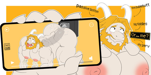 2_horns 5_fingers all_fours anal anal_masturbation anal_penetration anthro beard big_butt blonde_beard blonde_eyebrows blonde_facial_hair blonde_hair bodily_fluids butt cellphone dialogue dildo dildo_in_ass dildo_insertion electronics eyebrows facial_hair fingers fur hair holding_cellphone holding_object holding_phone horn lactating looking_pleasured male male_lactation masturbation mature_male moobs nipples object_in_ass open_mouth penetration phone pink_nipples question_mark sex_toy sex_toy_in_ass sex_toy_insertion small_tail solo tail text thick_thighs tongue tongue_out white_body white_fur itsme_hilo undertale_(series) asgore_dreemurr bovid caprine goat mammal 2026 absurd_res digital_drawing_(artwork) digital_media_(artwork) english_description english_text hi_res