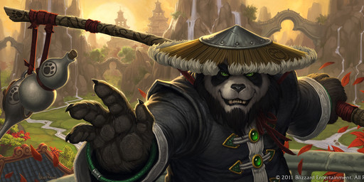 anthro armor black_body black_clothing black_fur bridge building clothing day fur grass green_eyes headgear helmet holding_object holding_staff leaf looking_at_viewer male mountain outside plant river smile solo staff tree waterfall white_body white_fur glenn_rane blizzard_entertainment warcraft bear mammal pandaren 2011 hi_res official_art