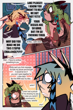 2_panel_comic anthro blonde_hair bodily_fluids brown_body brown_fur clothing dialogue duo eyes_closed fangs fur green_hair hair male open_mouth open_smile profanity raccoon_tail_hair shirt shortstack shortstack_male slightly_chubby slightly_chubby_anthro slightly_chubby_male smile speech_bubble stubble sweat sweatdrop t-shirt tank_top teeth text topwear wide_eyed gat0pussy24 demi_(gat0pussy24) lake_(gat0pussy24) lagomorph leporid mammal procyonid rabbit raccoon comic english_text hi_res nonbinary_(lore)