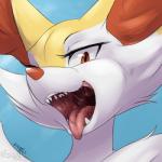 animal_dentition anthro blue_background bodily_fluids fangs female fur gaping_mouth hair looking_at_viewer mouth_shot open_mouth orange_body orange_fur presenting_mouth red_eyes saliva simple_background solo teeth text throat tongue tongue_out uvula white_body white_fur nummynumz nintendo pokemon amber_(poncocykes) fan_character braixen canid generation_6_pokemon mammal pokemon_(species) 1:1 signature