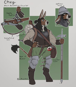 anthro armor brown_body brown_eyes clothed clothing crossbow front_view grey_body hand_on_hip headgear helmet male male_anthro mouth_closed ranged_weapon simple_background solo standing tail weapon jezzlen chuy_(jezzlen) asinus donkey equid equine mammal full-length_portrait hi_res model_sheet portrait