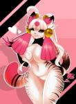 5_fingers bell breasts eyeshadow female fingers hair heart_symbol long_hair makeup markings mole_(marking) navel one_eye_closed red_eyes slightly_chubby smile solo striped_markings striped_tail stripes tail tail_markings white_hair ere-yandara domestic_cat felid feline felis mammal